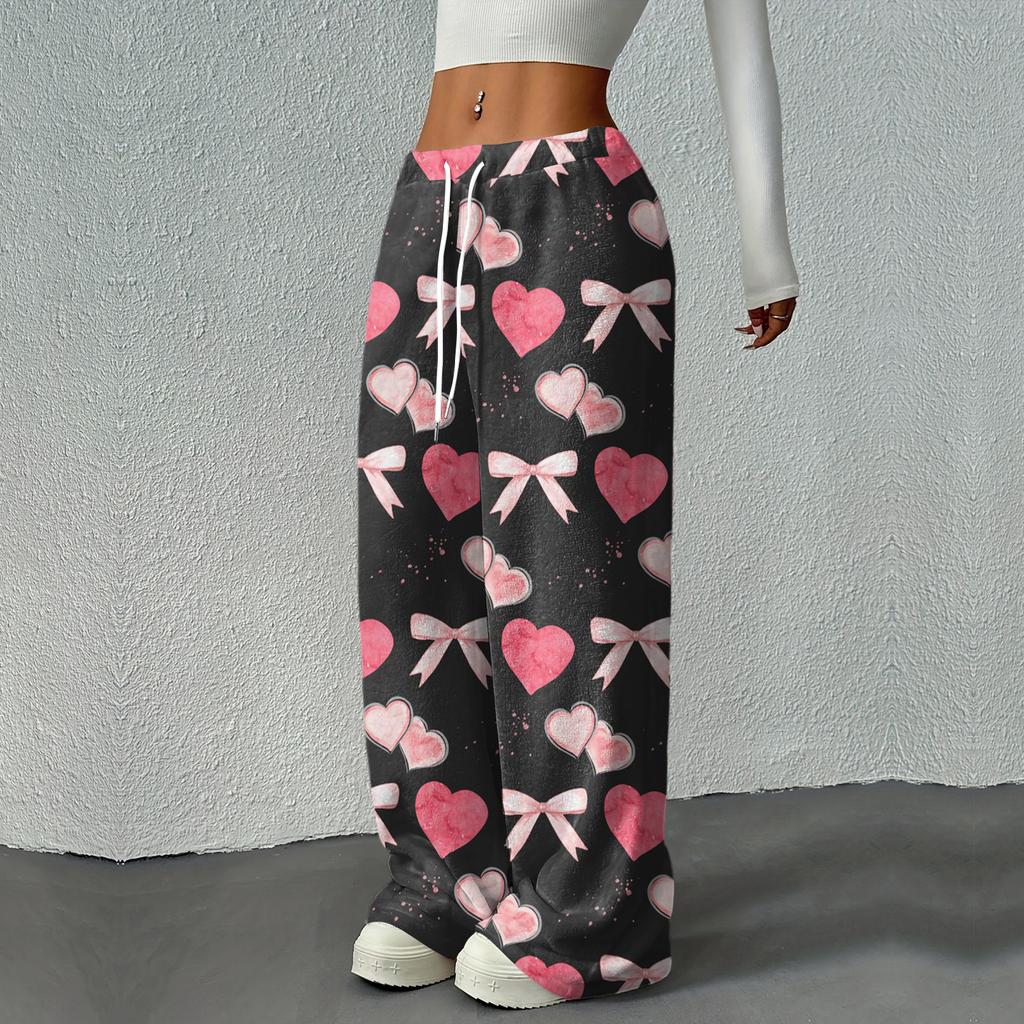 Women's Casual Fashion Printed Elastic Waist Loose Straight Leg Pants With Rope