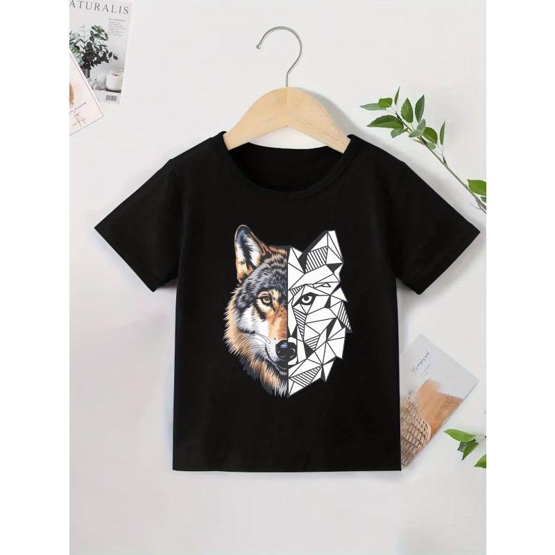 European Size Boys Round Neck Short Sleeved T Shirt with Mechanical Werewolf Pattern