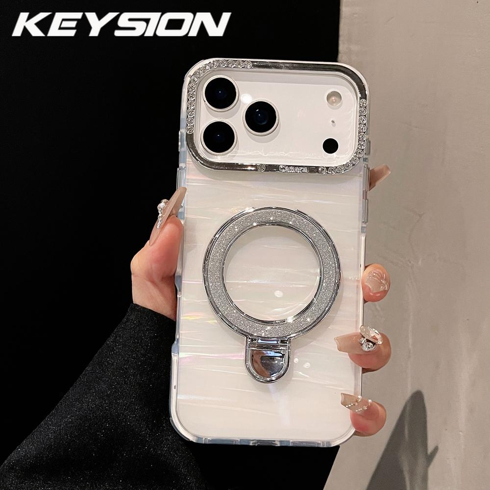 

KEYSION Магнитный чехол с текстурой ракушки, инкрустированный драгоценными камнями, для iPhone 14 15 17 Pro Max Air 16Plus, противоударный бронированный чехол-накладка с кольцом-подставкой for iPhone 17