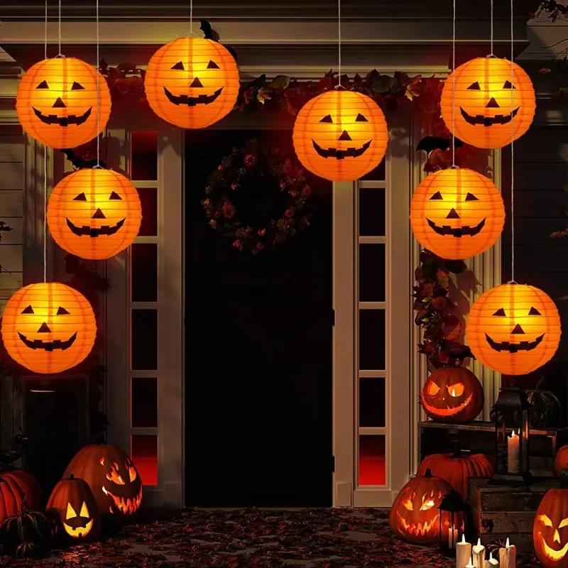 6 Stück Halloween Party Kürbis Papierlaterne für Haus Garten Innen Außen Dekoration Hängende Ornamente Horror Requisiten Ohne LED