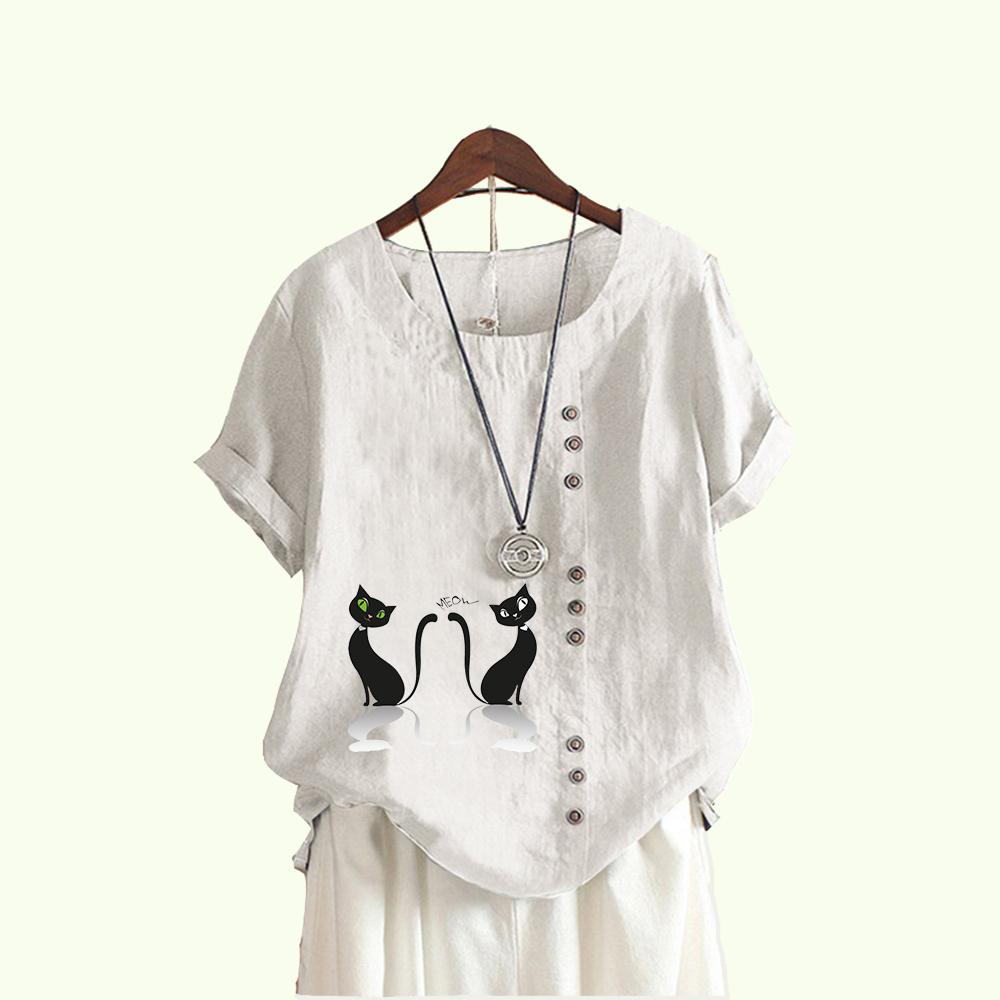 Women Fashion Cat Print Short Sleeve Blouses Summer Casual Round Collar Pullover Loose Cotton Linen T-shirt