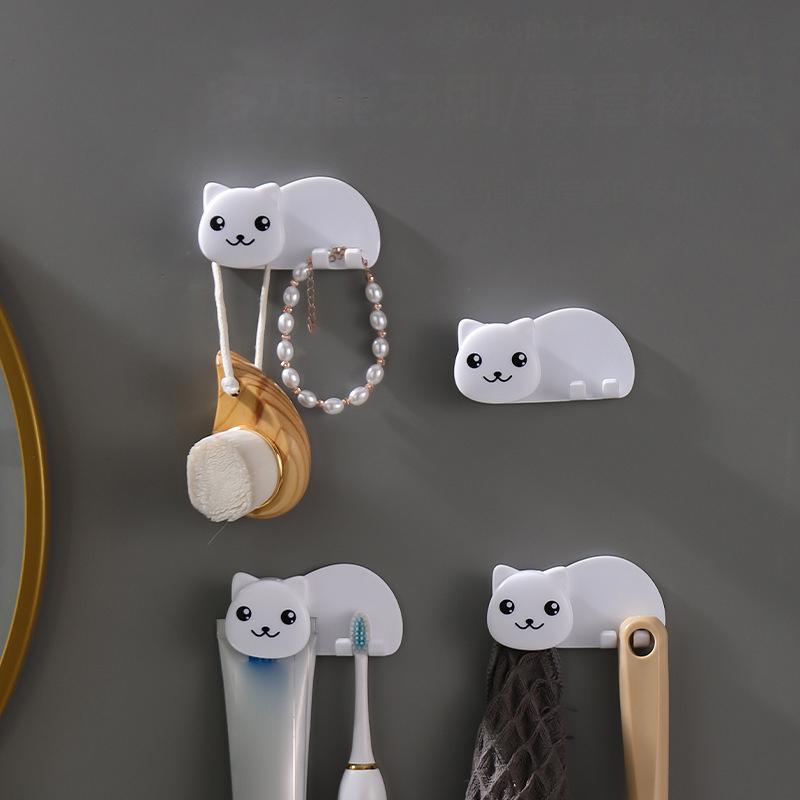 Plastic Cat Shaped Toothbrush Holder Non Perforated 2 In 1 Toothbrush Toothpaste Rack Wall Mounted Facial Cleanser Storage Clip