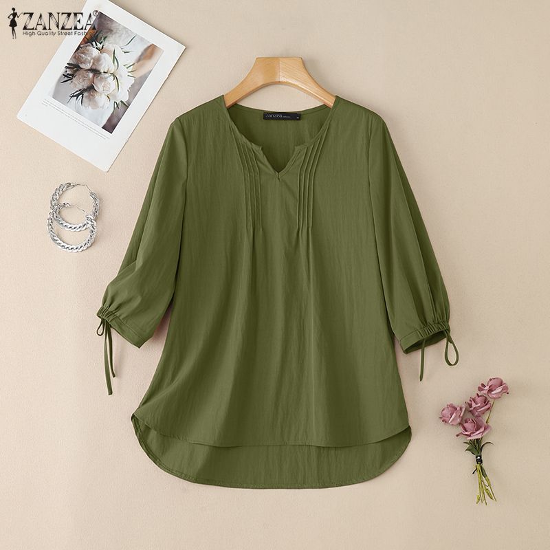 ZANZEA Women Casual V-Neck Solid Color Loose 3/4 Sleeve Blouse