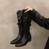 Women's Chunky Heeled Ruched Knee-High Riding Boots - 2025 Autumn/Winter Western Long Boots
