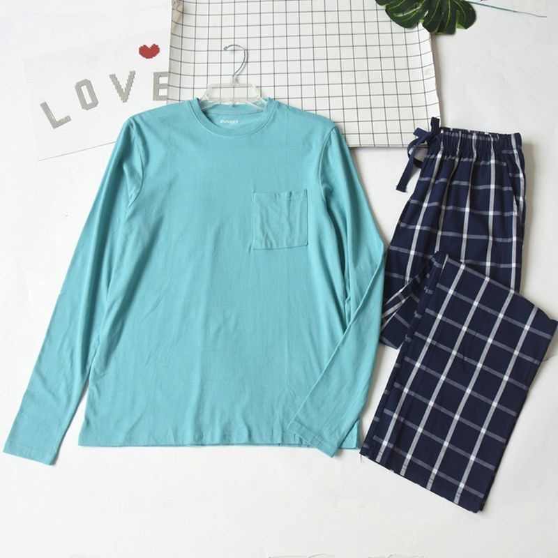 

Export Men round Neck Pure Cotton Long Sleeves Pants Pajamas Suit Spring & Fall Thin Outwear Home Summer Air Conditioning Room Clothes Image color XXL