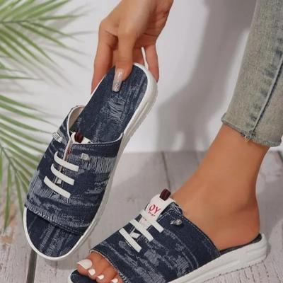 2024 Ladies Slippers Canvas Lace-up Open-toed New Flat-Bottom Casual Women Fashion Denim Beach Shoes 36-43