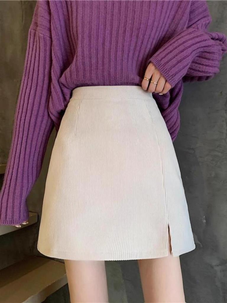 Women's High Waist Corduroy A-line Slit Bodycon Midi Skirt for Autumn/Winter