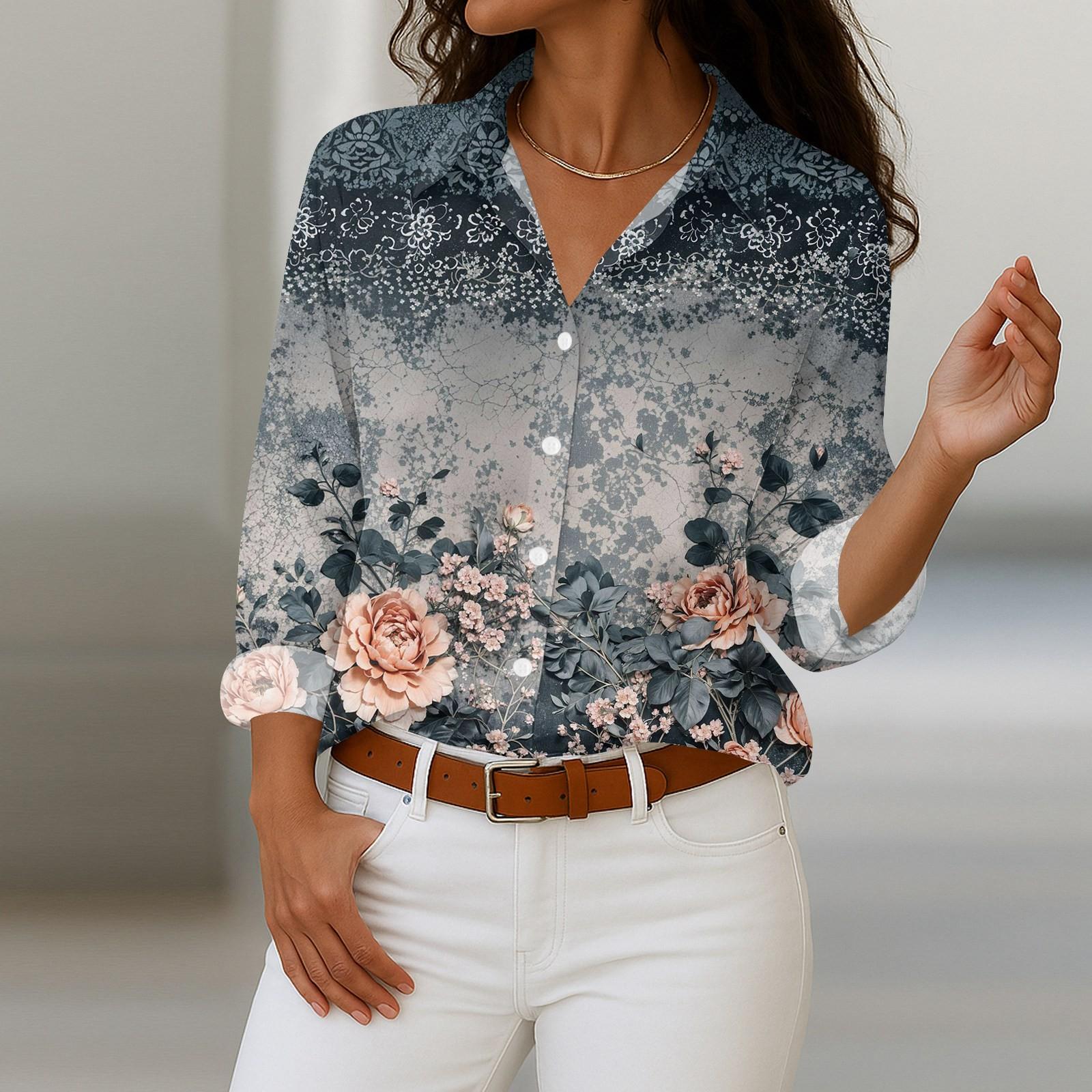 

Жіноча сорочка з ґудзиками з квітковим принтом, повсякденна сорочка з довгим рукавом звичайного крою, блузки, повсякденні базові топи великих розмірів XL