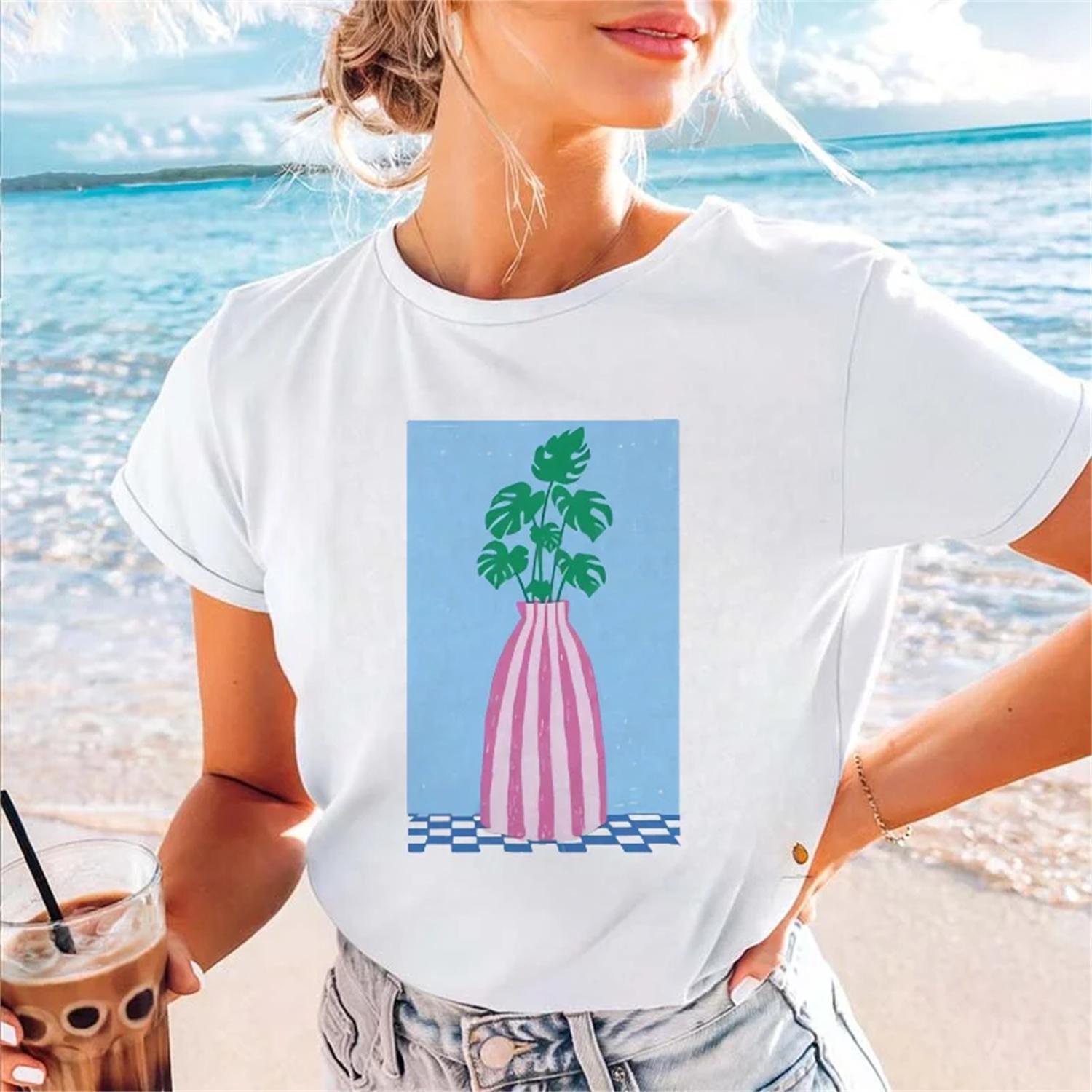 New Women s Short Sleeved T-Shirt Art Cartoon Printed Pattern 90s Top Summer Regular Women s Round Neck Fashion Short Sleeve S
