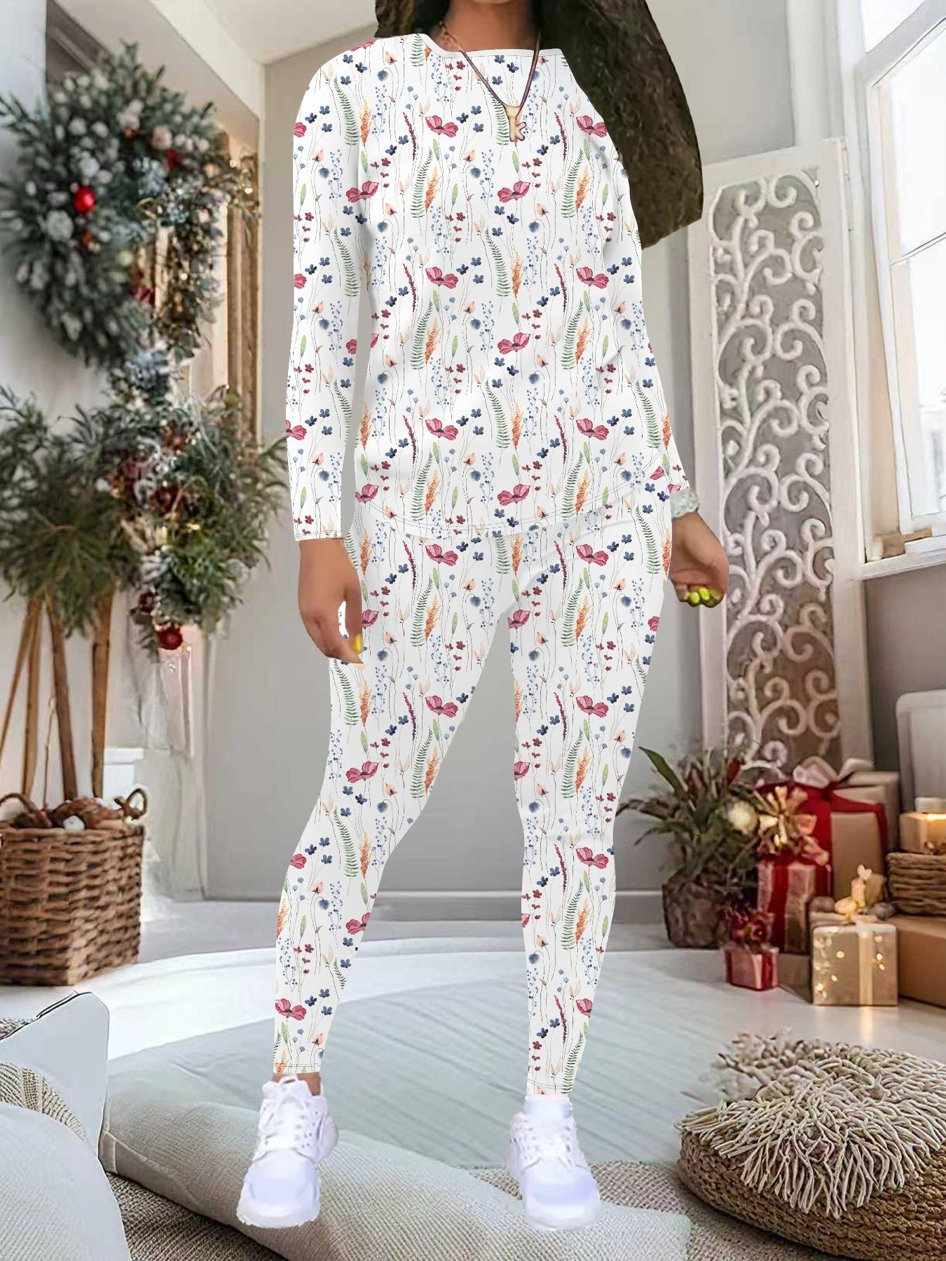 

Women s Flower Print 2-Piece Outfit: Long Sleeve Crew Neck Top & Pants, Holiday Limited Casual Party Gift Suit XXL розовый