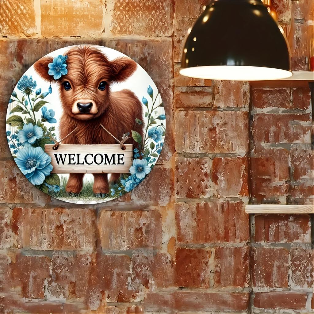 Wooden Charming Highland Cow and Blue Wildflowers 8X8 Inch Wooden Sign - UV Resistant and Scratch Resistant, for Door, Wall, Home, Room, Farmhouse