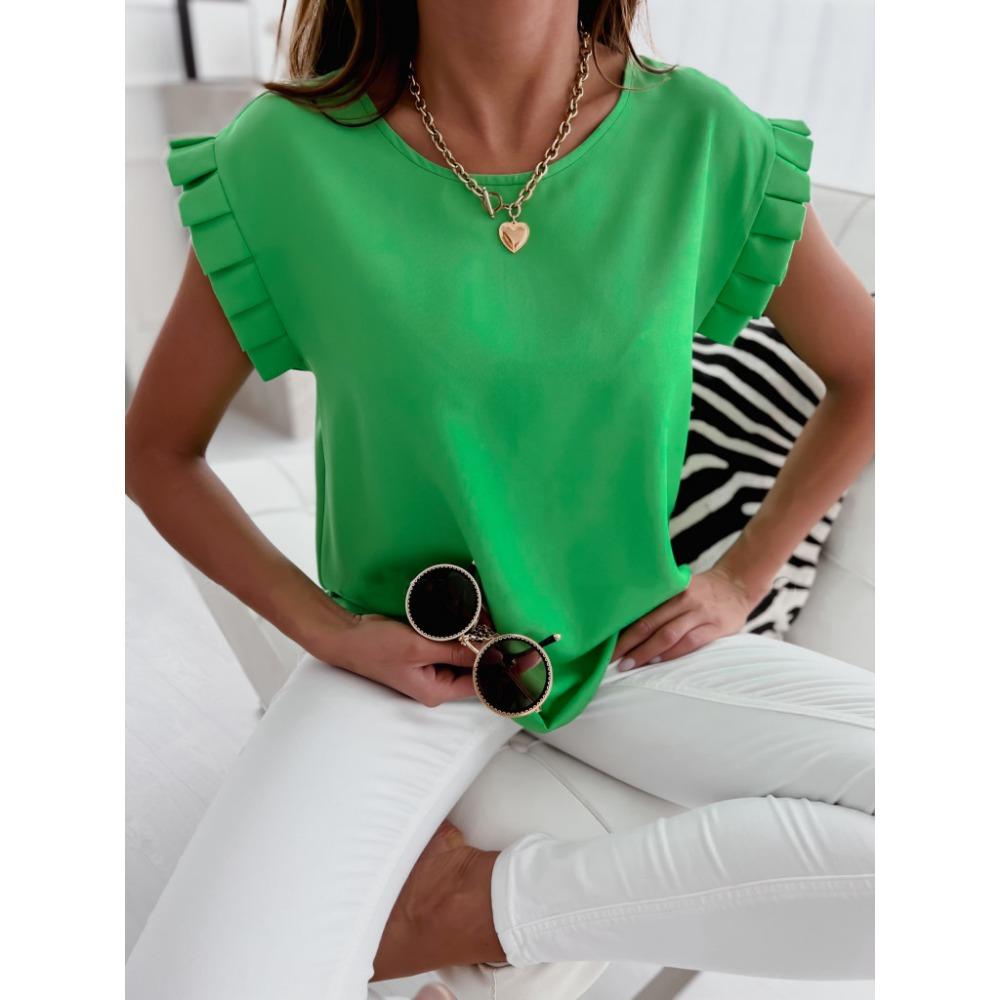 JPNTKY Women's Fashion Casual Summer Solid Color Print Short Sleeve O-Neck Blouses & Shirts