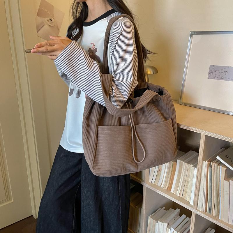 Solid Color Lightweight Corduroy Drawstring Tote Bag Large Capacity Shoulder Tote Bag