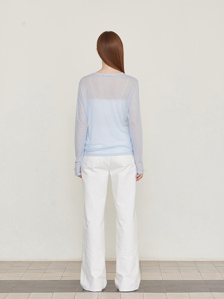 Leusejiem See-Through Tencel Long Sleeve T-Shirt - Sky Blue