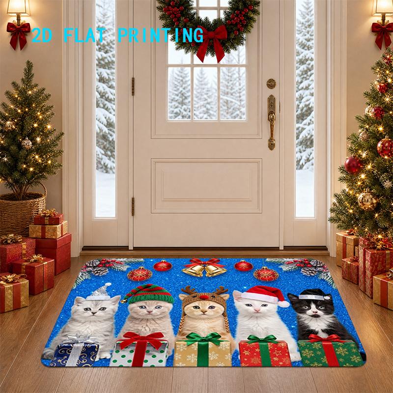 1Pcs Anti Fatigue Kitchen Rugs Christmas Cat Theme Print Waterproof Non Slip Thick Cushioned Mat