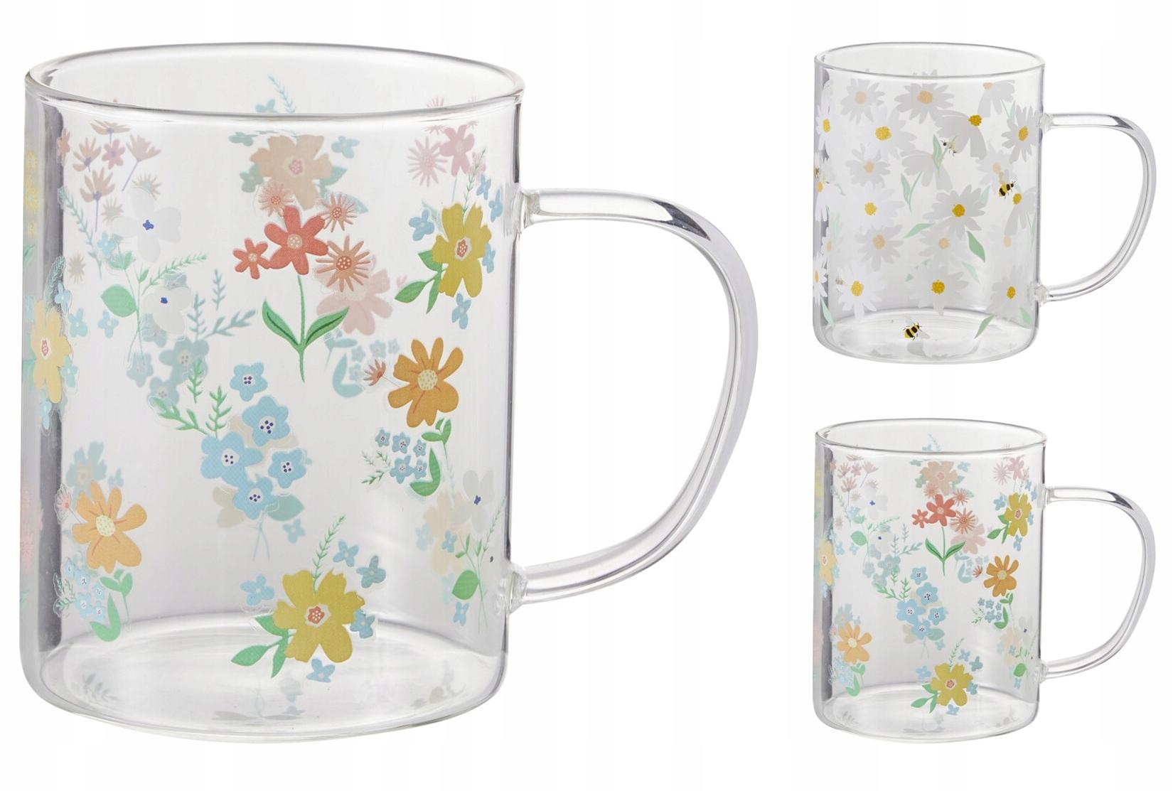Frühlings-Glasbecher mit Blumen, 1 Stück 420ml transparent