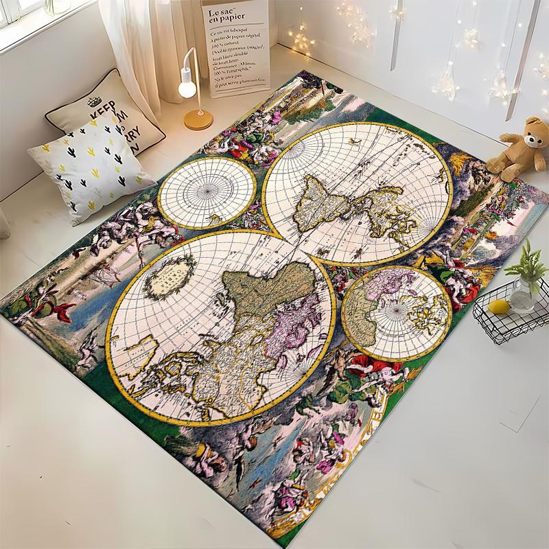 "Vintage World Map with Mythological Art - Non-slip rug suitable for living room and bedroom sofas"