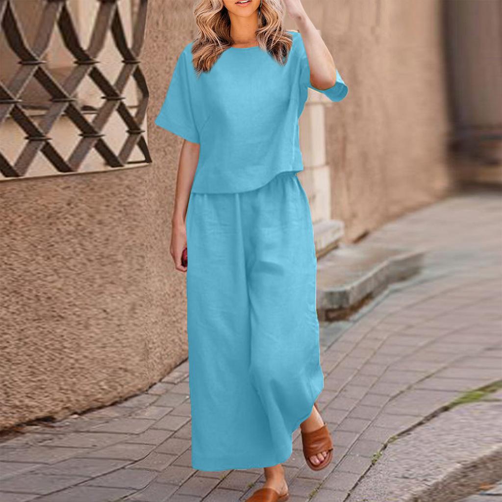 2026 New Loose Solid Color Short-sleeved Wide-leg Pants Set Women's Summer Casual Fashion Two-piece Set Cross-border Belly Cover
