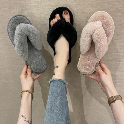 Cross Warm Fluffy Furry Slippers Women Lightweight Flat Heels Fur Slides Woman Autumn Winter Open Toe Non Slip Home Floor Shoes
