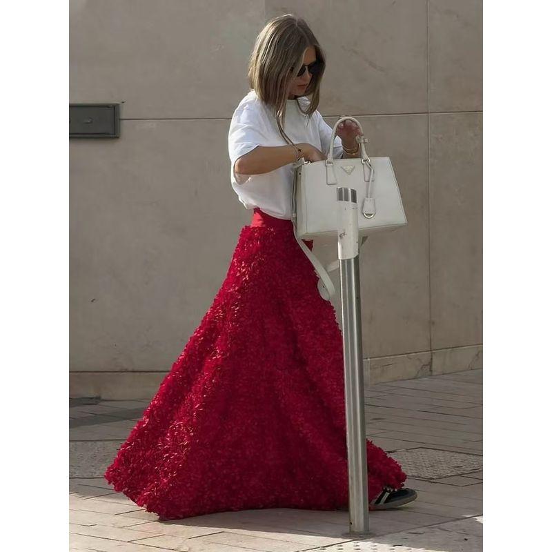 

Western Style Autumn and Winter New Petal Design Sense Skirt Fashionable High Waisted Skirt Red S