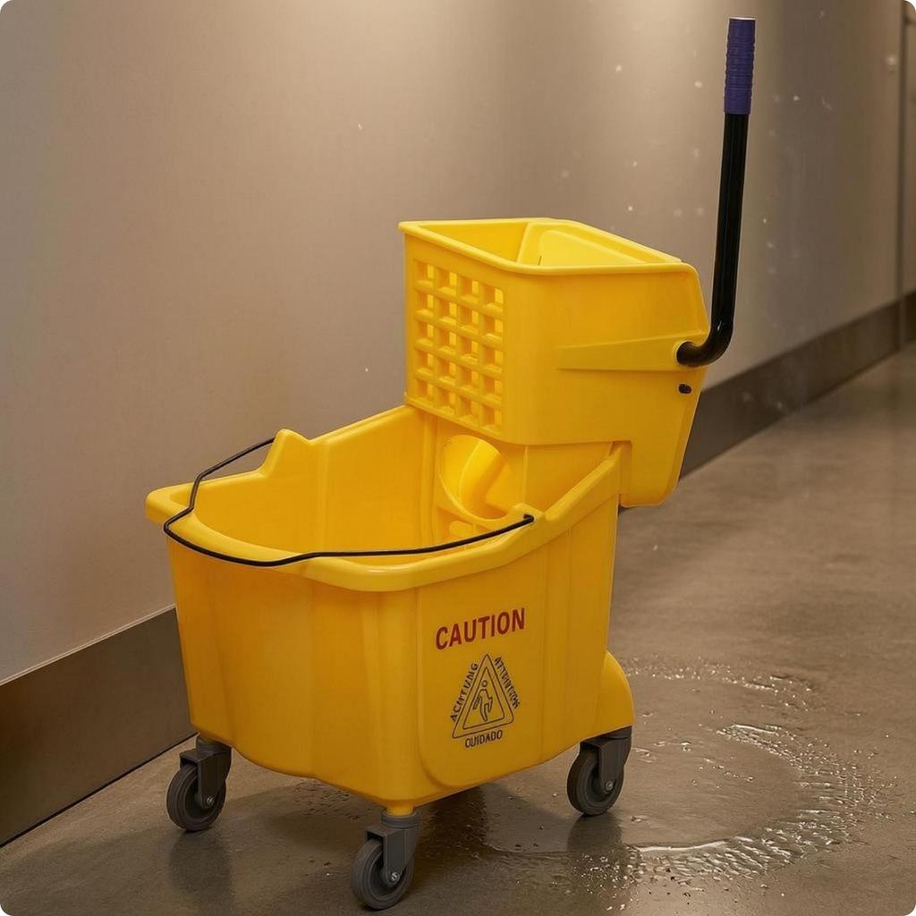 Mop Wringer Pail Cart Metal Handle Floor Warning Graphic