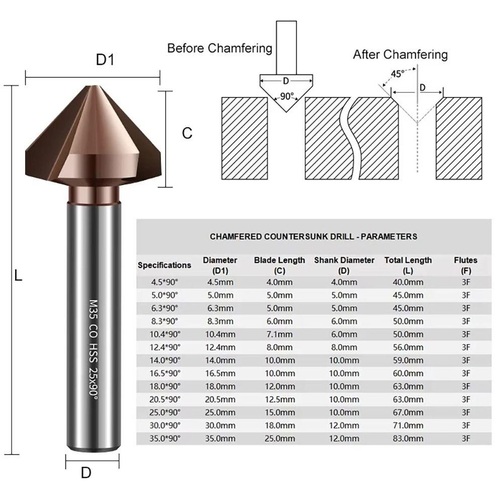 1Pcs M35 Cobalt Chamfer Countersink Drill Bit High Speed Steel 3 Flutes Chamfering Cutter 6.3-40mm Stainless Steel