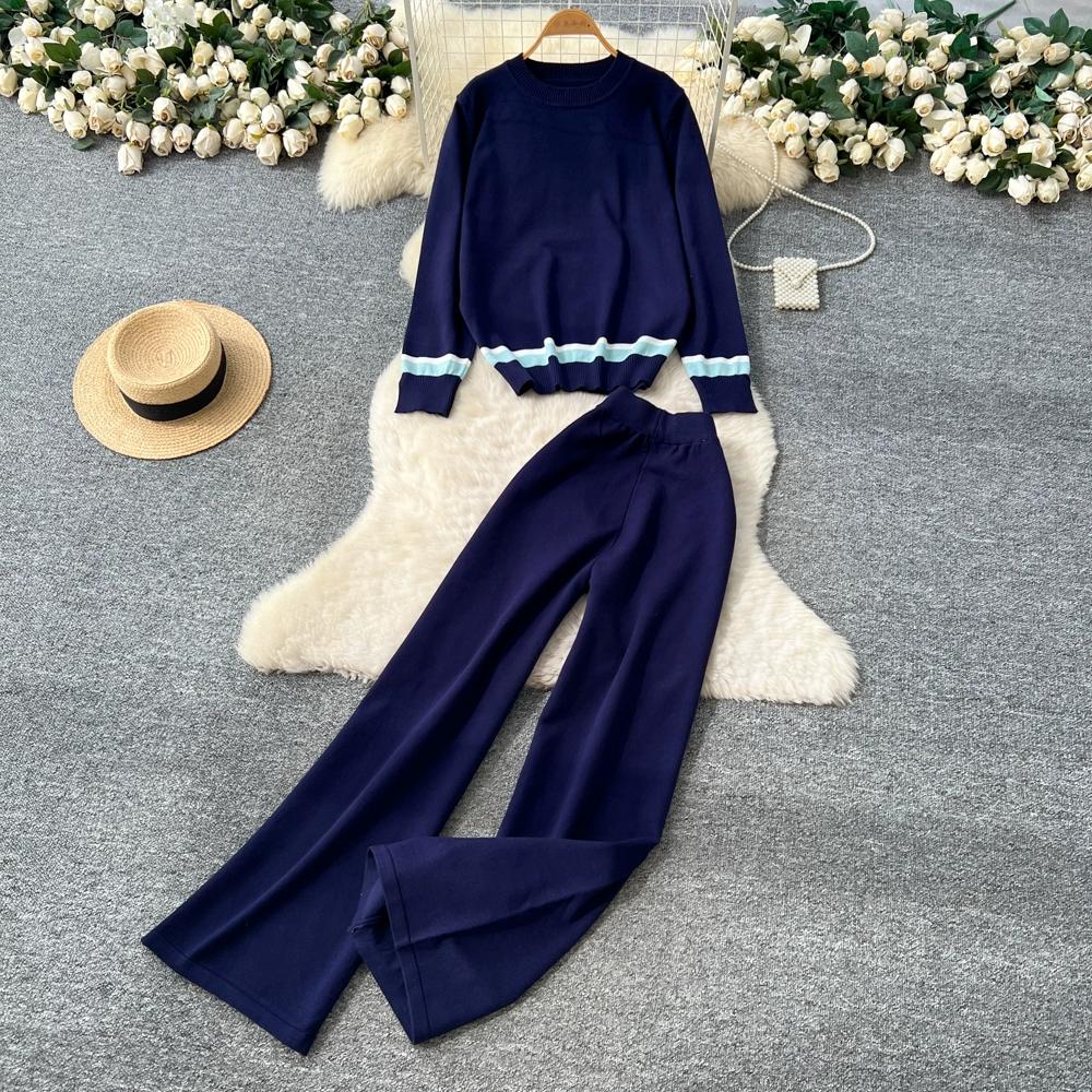 Herbst Winter Damen Lässig Gestrickter Pullover Hose Zweiteiler Langarm Pullover Oberteile und Weitbein Hose Trainingsanzug