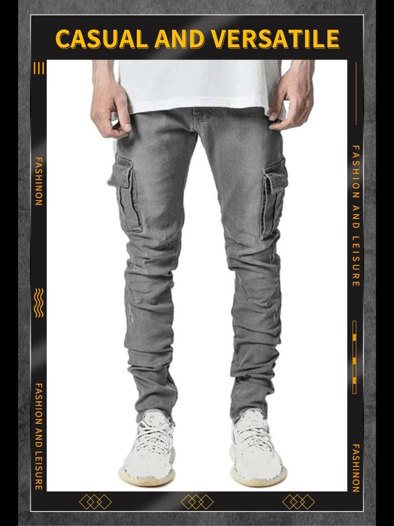 Slim Fit-Jeansoverall mit mehreren Taschen im europäischen Stil für Herren – lässige, trendige, elastische Skinny-Hose