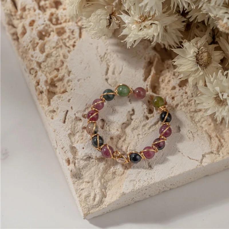 Natural Stone Rainbow Tourmaline Ring Fashion Retro Handmade Metal Wire Winding Beaded Open Adjustable Ring Female Charm Jewelry