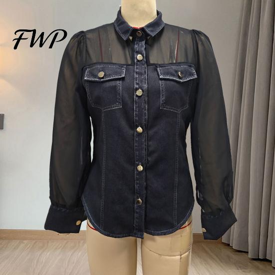Mesh Patchwork Denim Blouse Women Shirt Perspective Cold Shoulder Long Sleeve Country Music Festival Top Tops Lapel Buttons Placket Concert