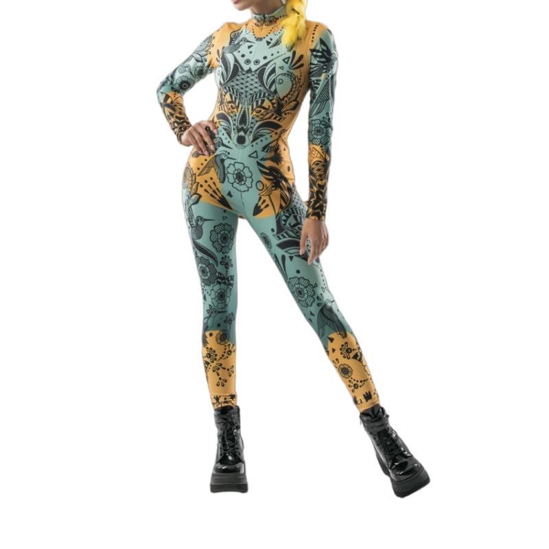 Unisex Cyber Punk Tattoo Patterned Blue Tights Women Backless 3D Digital Bird Printing Halloween Party Role Play Outfit Costume Jumpsuit