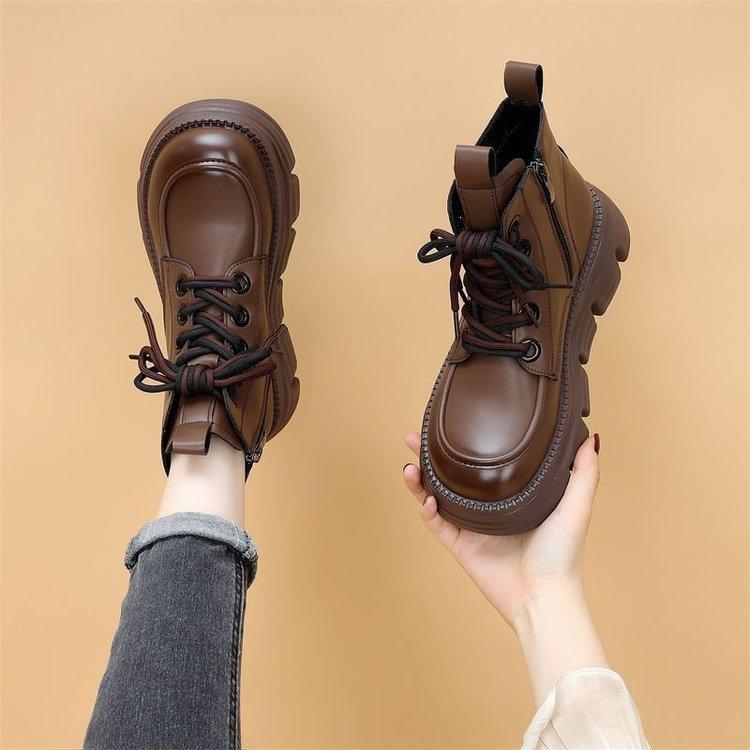 New Platform Short Boots 2025 Autumn and Winter Soft Leather Martin Boots Women's British Style Single Boots Versatile Platform Muffin Sole Single