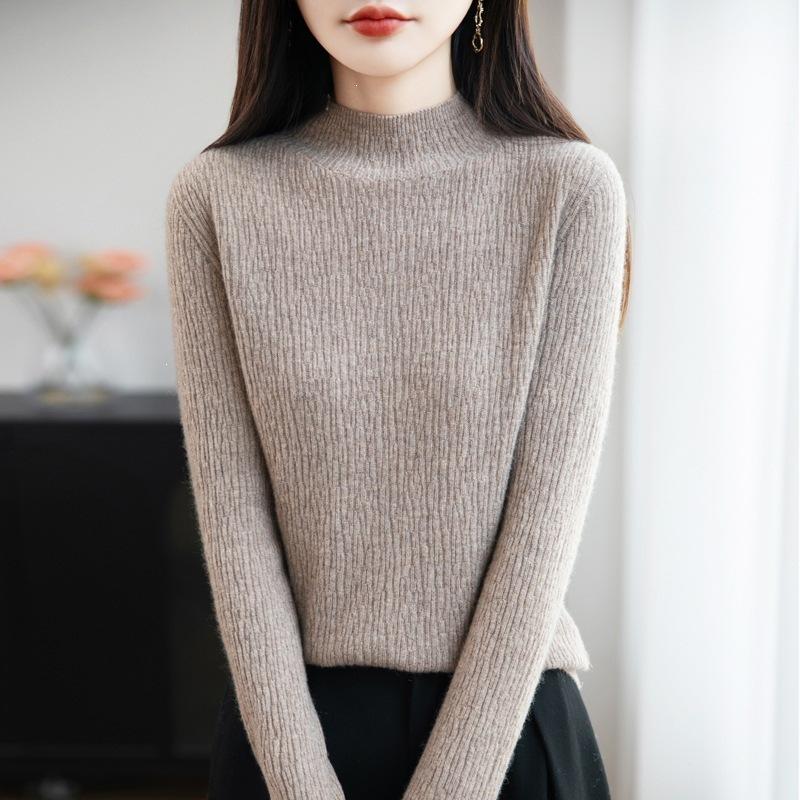 Long-sleeved Pullover Sweater for Women, Fitted and Slimming, with A Semi-high Collar, Knitted Base Layer Top