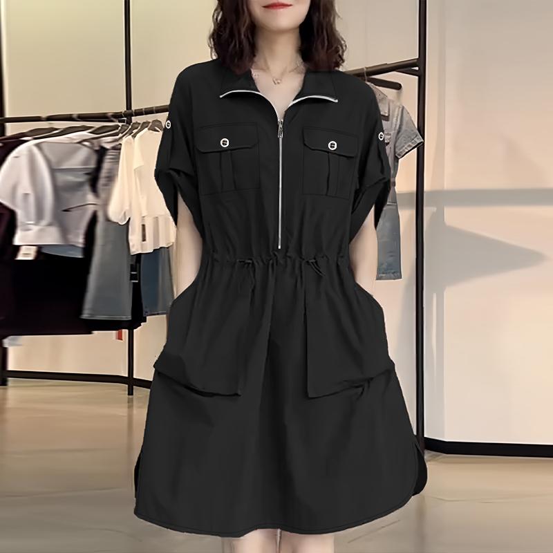 ZANZEA Vestido feminino casual gola virada para baixo verão manga curta