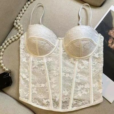 Mesh Flower Lace Corset Sleeveless Camisole with Pads Suspender Tank Slim Lace Crop Top  Lady