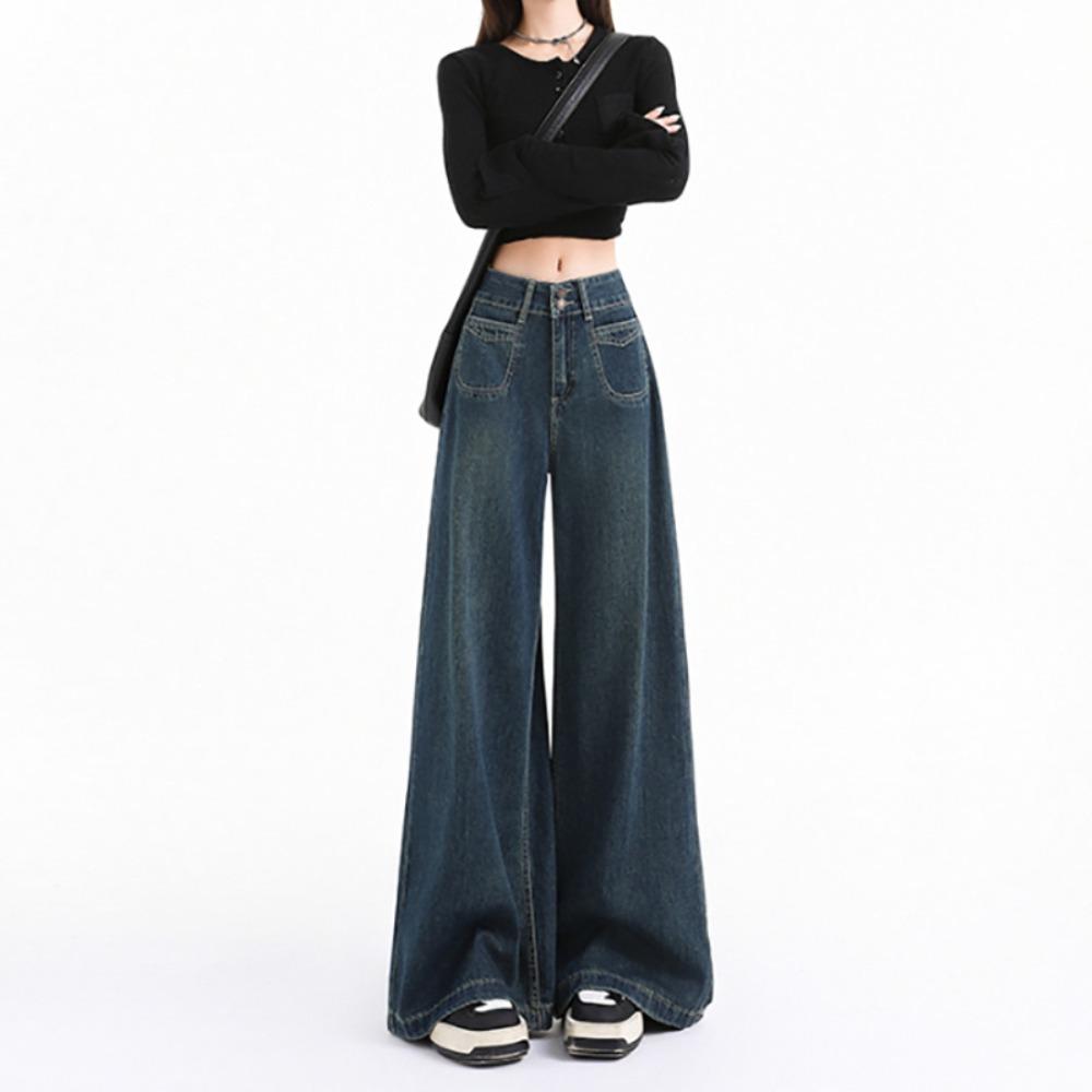 Design sense street wide-leg jeans women's spring and autumn new high-waisted loose and drape versatile floor-mopping jeans