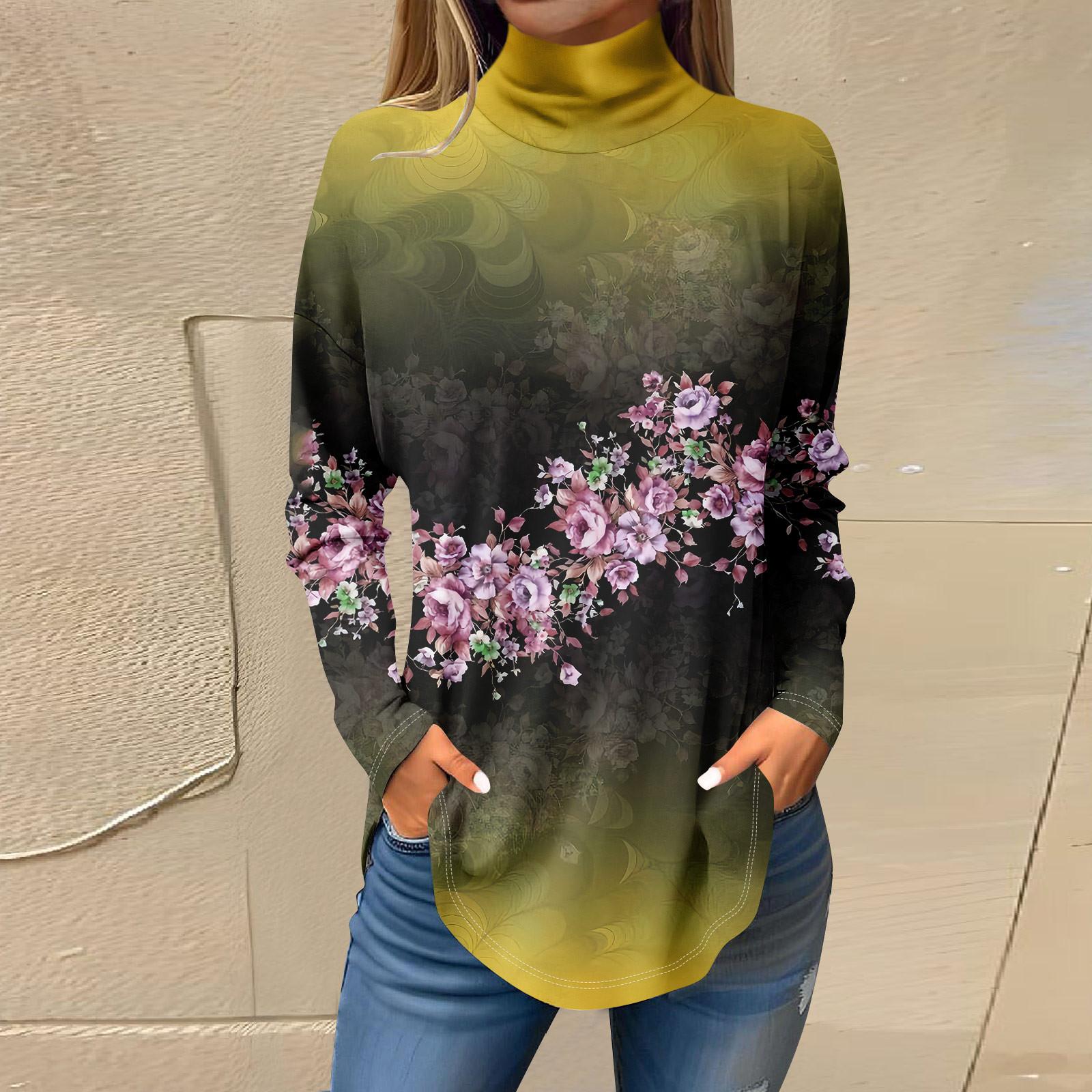 

Футболки для женщин, осенние повседневные рубашки с длинными рукавами, толстовка с винтажным принтом, топ с высоким воротом, пуловер XL жёлтый