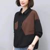 Reines Baumwollhemd mit Kragen und Patchwork-Oberteil für Damen, Frühling und Herbst, Neu, Große Größe, Locker, Altersreduzierend, Langärmelig, Modisch