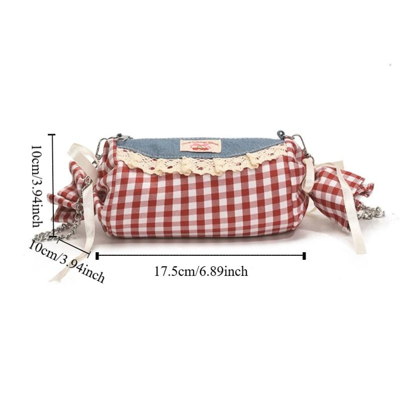 Cherry Red Plaid Crossbody Bag Canvas Denim Lace Shoulder Bag Literary Candy Shape Bag  Summer