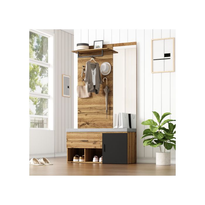 Ensemble vestiaire en imitation bois de 190 cm de haut (avec miroir), banc à chaussures (104 x 39 cm) (avec coussin)
