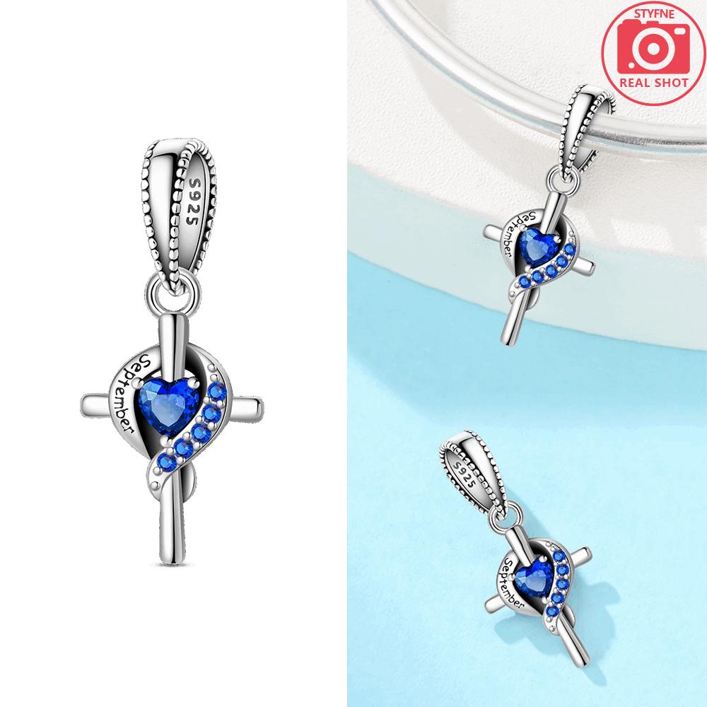 Women Pendant Original Red Zircon Birthstone Blue Gemstone Heart Cross Bead Fit Bracelet Copper Jewelry Accessory Charm Gift