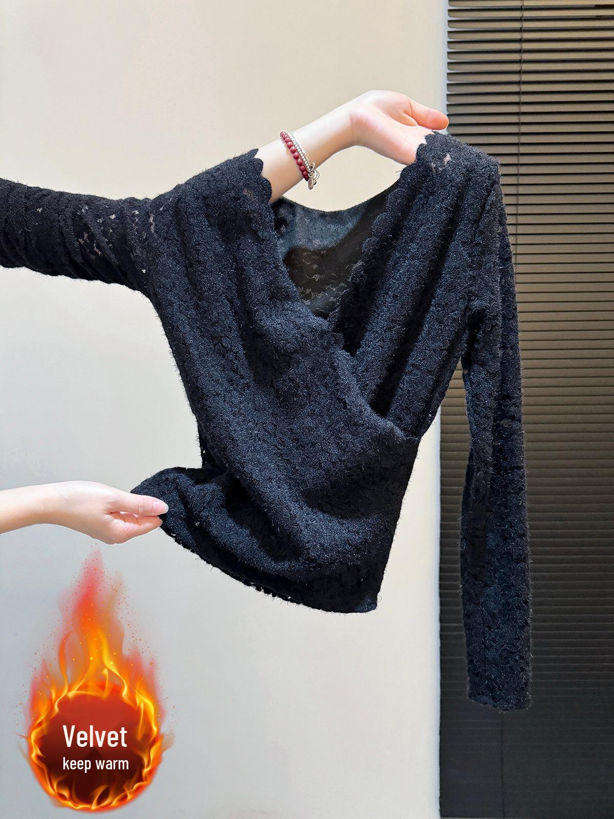 Chic Purple Long Sleeve Lace V-Neck Top - Slimming Autumn/Winter Velvet Base Layer for Women Large