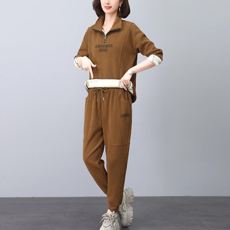 Set de hanorac pentru femei căptușit cu fleece: Modă Nouă Toamnă/Iarnă 2024, Croială Largă, Reducere Vârstă, Set Casual Sportiv din Două Piese pentru Mame de Vârstă Mijlocie