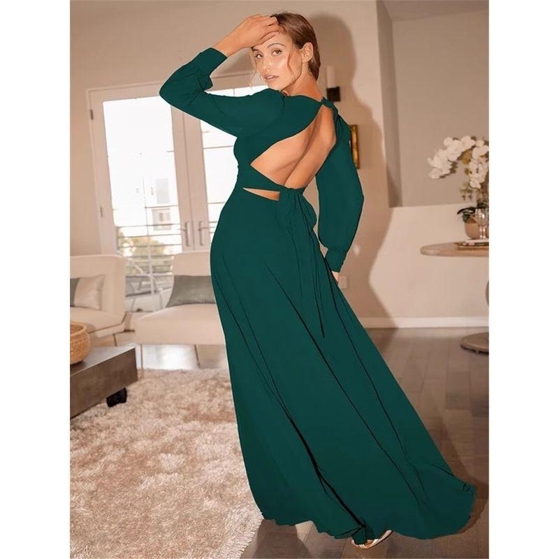 

Export Single French Atmosphere Plaid Comfortable Chiffon Long Sleeves Deep V Lace-up Bare Back Floor-Length Dress Long Dress Green L