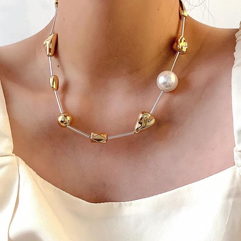 Geometric Brushed Metal Necklace Imitating Pearls Irregular Folds New Simple Personalized Necklace Punk Trendy Men Women Jewelry