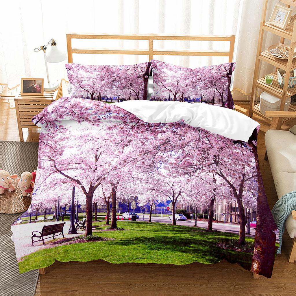 Kirschblüten-Bettbezug-Set, King-Queen-Größe, rosa Blumen-Polyester-Bettbezug für Kinder, Teenager, Erwachsene, Bettwäsche-Set
