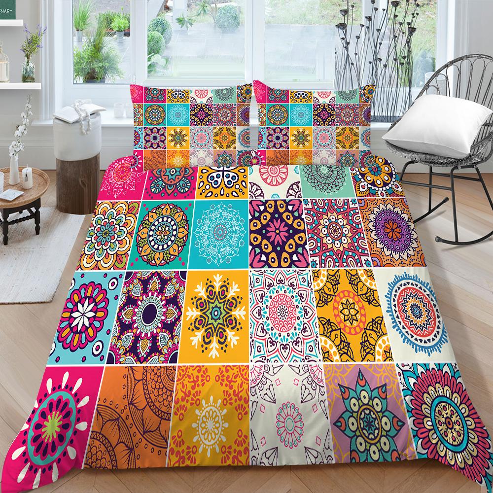 3D Family Bedding Single Double Bed Full Size Vintage Graphic Printed Bedding Geometric Pattern Pillowcase and Quilt Cover Washable Home Decoration