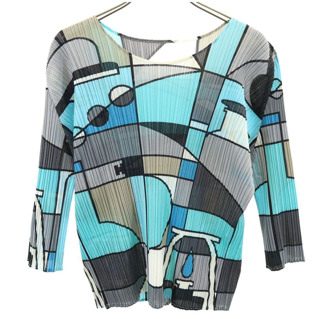 PLEATS PLEASE Made In Japan Geometric Pattern Five-quarter Sleeve Pleated Cut Women Used