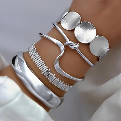 5 Stück Retro Mode Elegant Metall Alter Geld Stil Geometrisch Unregelmäßig Welle Geknotete Scheibe Breites Gesicht Silbrig Armband Persönlichkeit Trend