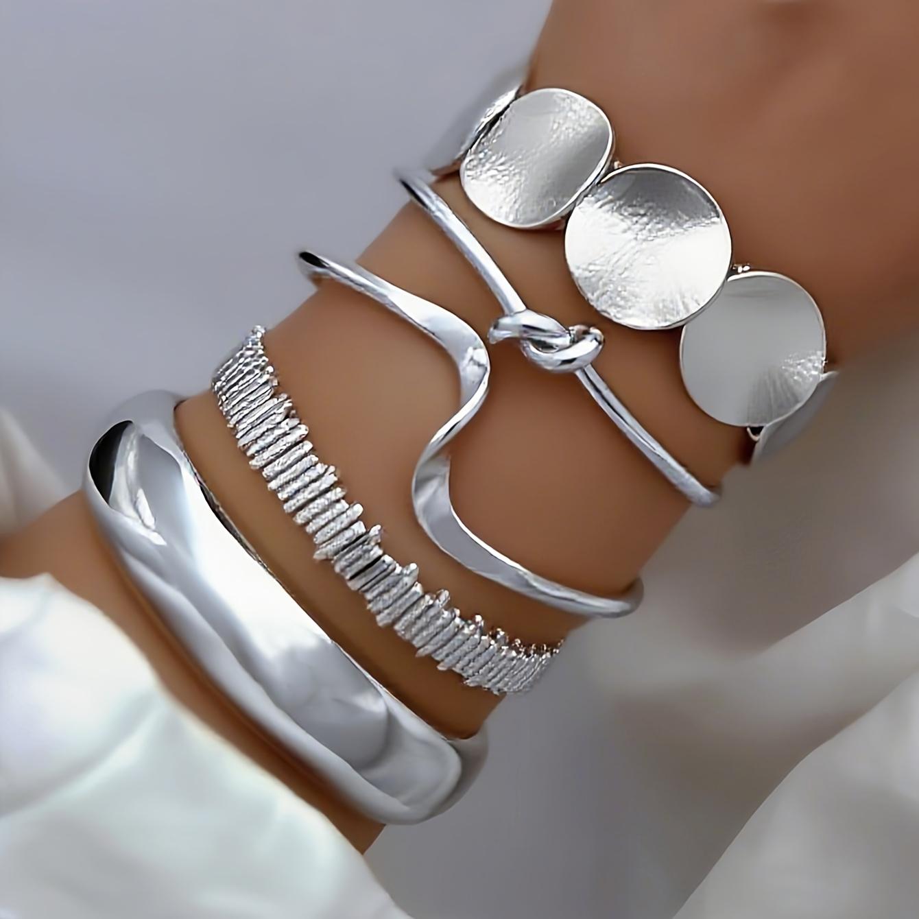 

5 pieces retro fashion elegant metal old money wind geometric irregular wave knotted disc wide face silverly bracelet personality trend срібний